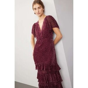 RIXO Gilly Velvet Dot Midi Dress Ruffle V Neck Short Sleeve Burgundy Size M